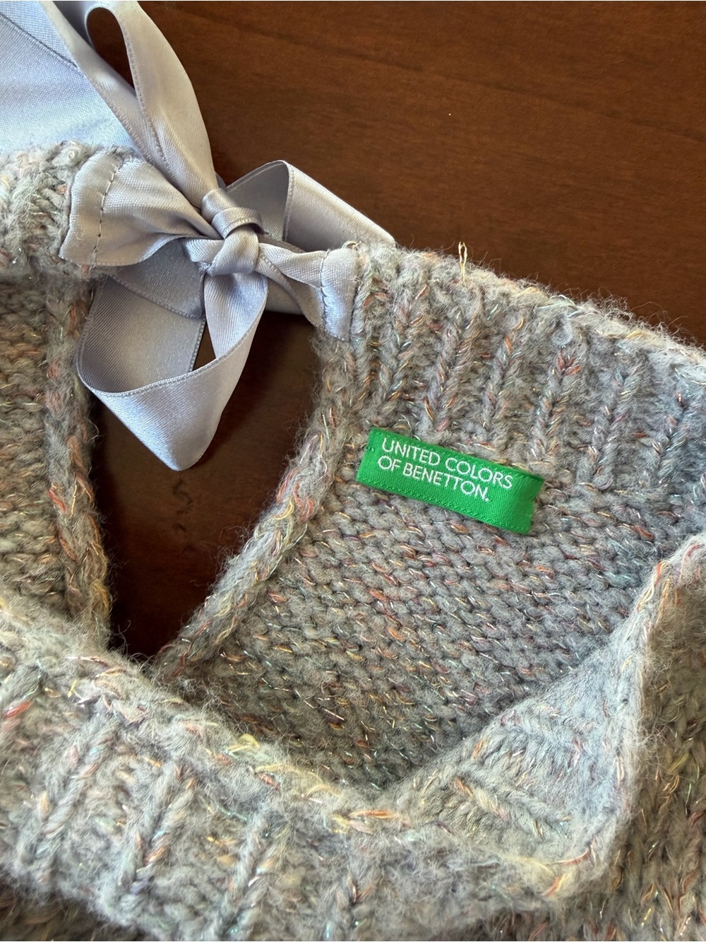 United Colors of Benetton Gray Knit Sweater with metallic & Ribbon Detail